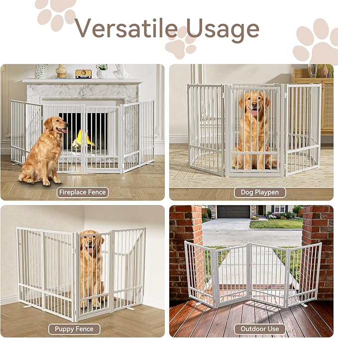 Full Metal Freestanding Dog Gate with Door, 36''Height Foldable Pet Dog Fence for Indoor & Outdoor, 8 Panels Extra Wide Free Standing TallDog Gates for Doorways,House,Stairs,Porch,Deck,Yard