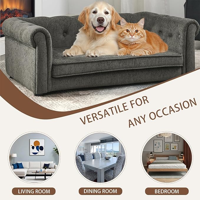 Elevated Rectangle Dog Sofa for Small & Medium Dogs - Comfortable Linen Fabric Dog Bed with Button Tufted Back, Durable Modern and Stylish Pet Bed for Living Room, Bedroom (Dark Grey)