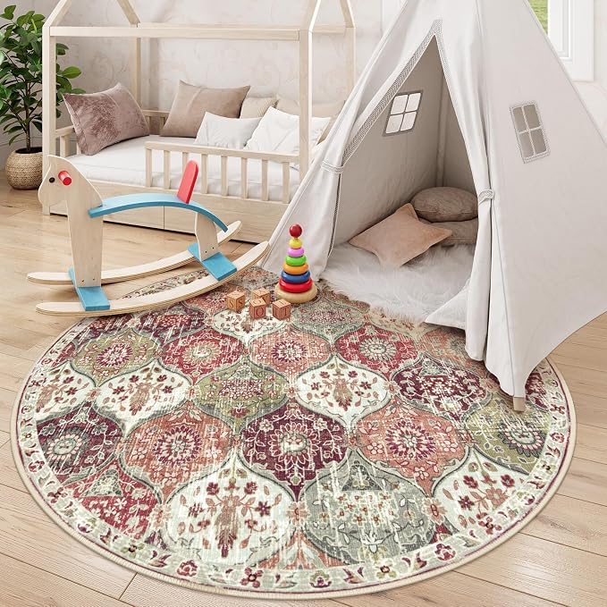 Lahome Moroccan Trellis Washable Round Rugs, Non-Slip Soft Round Rug 4ft