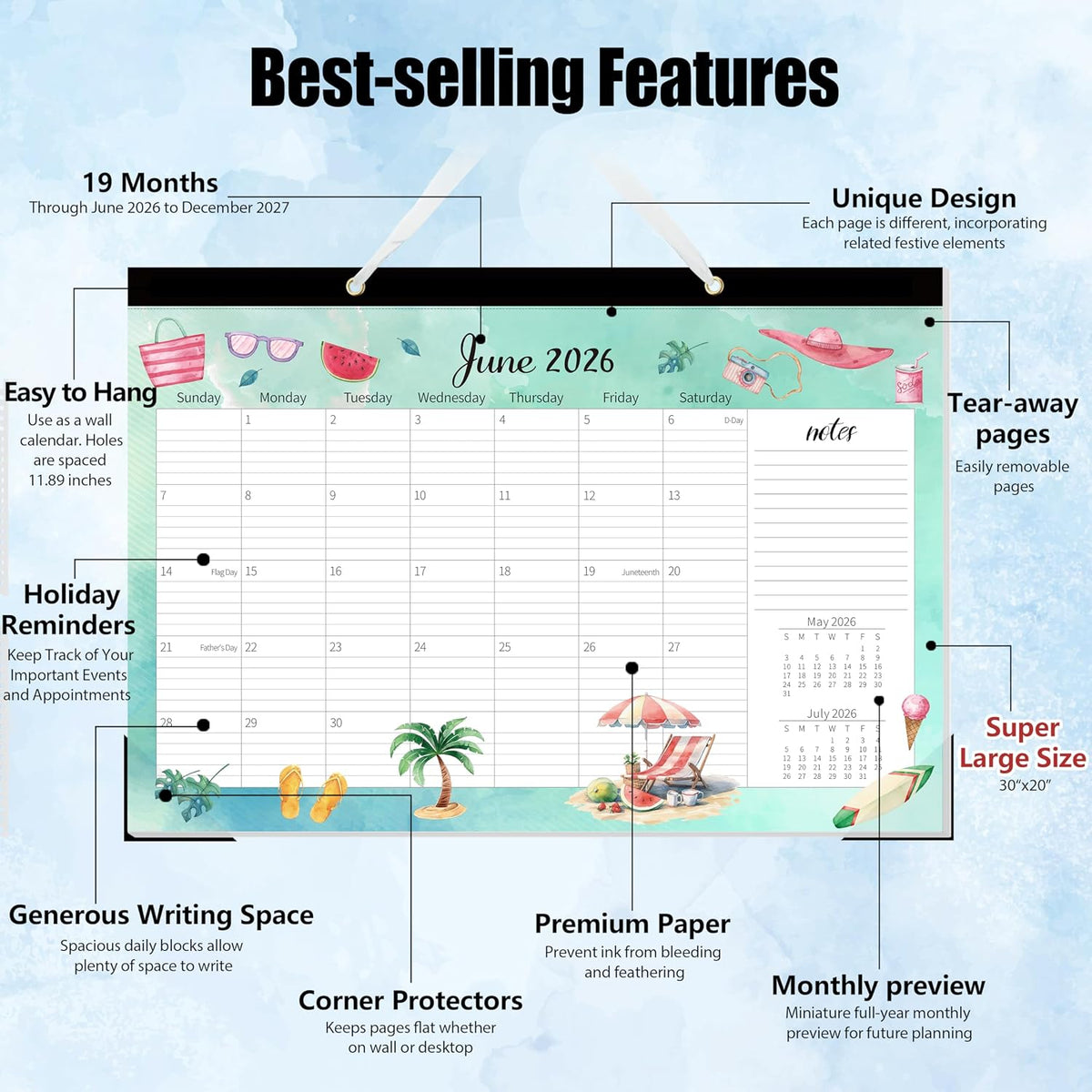 GuassLee Large Desk Calendar 2026-2027, 19 Months, 20" x 30"