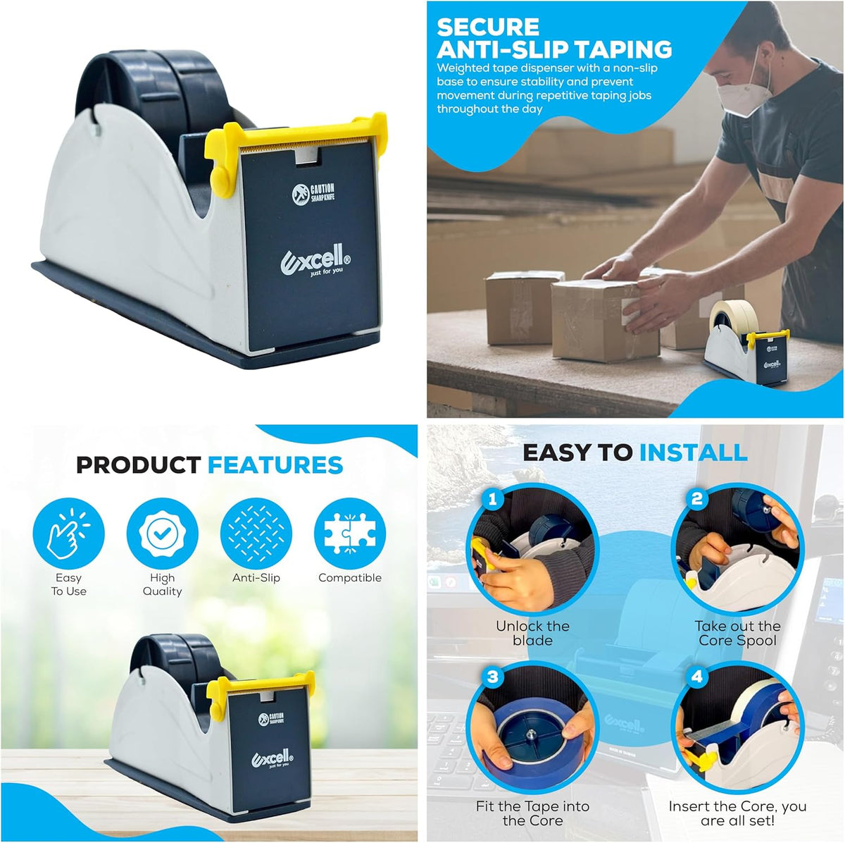 Excell ET-227 Blue/Grey Premium Twin-Roll Steel Desk Top Dispenser: 2 in. Wide (3 in. core) + LuxProdX Sticker