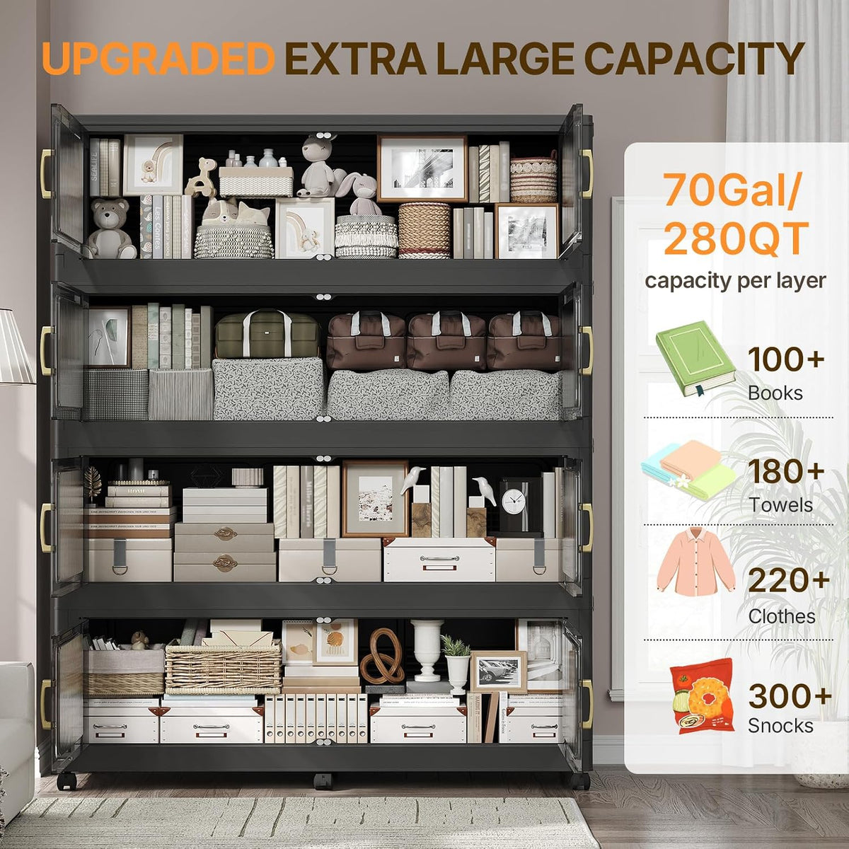 210Gal Extra Large Stackable Storage Bins with Lid, 840QT Foldable Collapsible Storage Box with Doors and Wheels, Plastic Closet Organizers Container Drawer for Bedroom Kitchen Garage, 3Pack