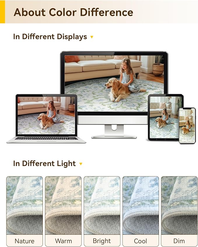 RELEANY Area Rugs Round 8ft Washable Non-Slip, Floral Vintage Distress