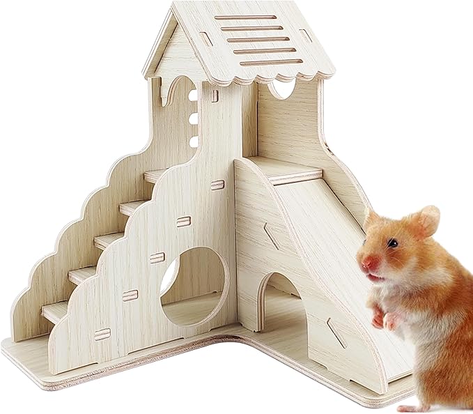 Hamster House - Double-Decker Hut With Slide, Cage Accessories, Small Animal Habitat Decor