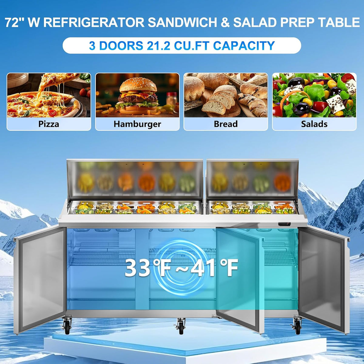 Rockitch 72" W Commercial Sandwich Prep Table Refrigerator 22 Cu.ft 30 Pans