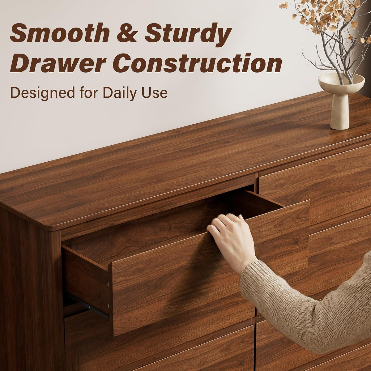Furniway 55" Wide 8 Drawer Wood Dresser for Bedroom with Legs, Walnut
