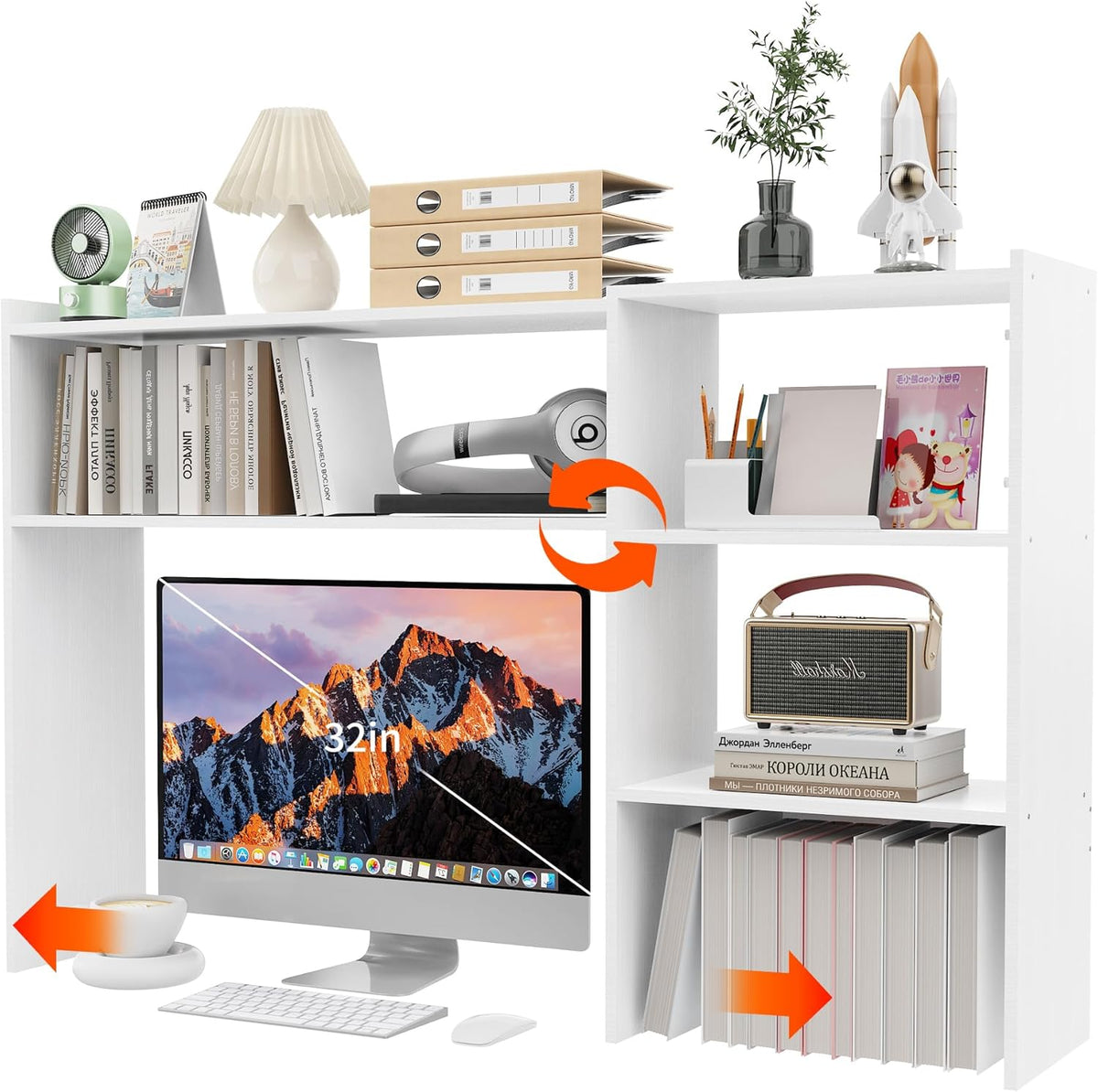 Aetheris Desktop Bookshelf, 43”Adjustable Office Desktop Organizer Shelf, Countertop Storage Hutch with 4 Shelves for Computer Desk, Adjustable Desk Hutch, Wooden Desktop Bookcase
