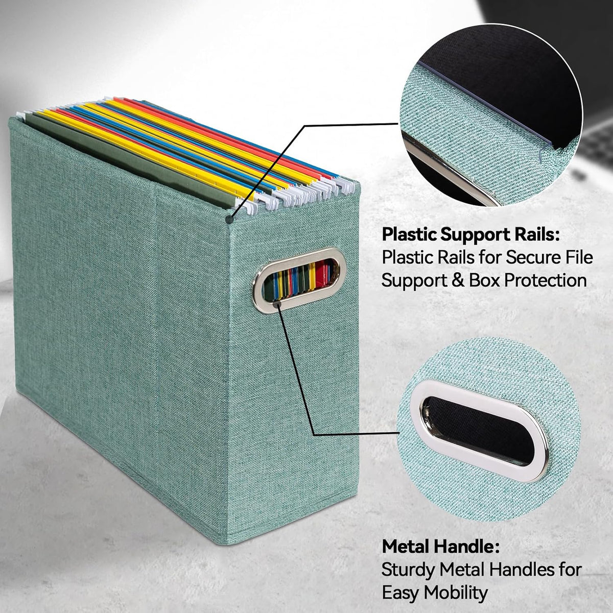 4 Packs Letter Size File Organizer, File Folders Organizer, Fabric Storage Box, Collapsible Paper Organizer with Metal Handle, Smooth PVC Rails, Only Box (Green)