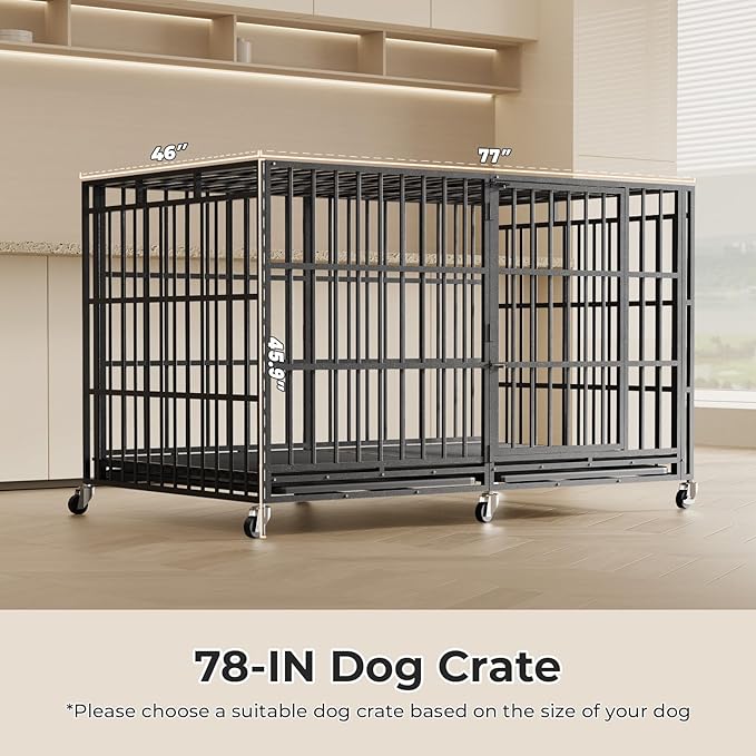 78 Inch Heavy Duty Dog Crate Indestructible XL Steel Escape Proof, Indoor High Anxiety Cage Kennel with Wheels, Removable Tray, Extra Large Kennel XL XXL