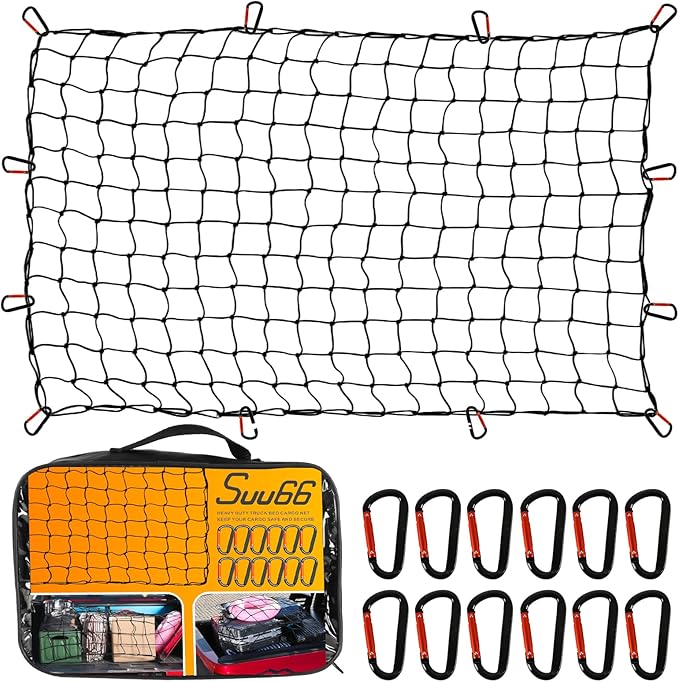 Heavy Duty Cargo Net for Pickup Truck Bed - 5' x 7' Stretches to 15' x 21' - Sturdy Latex Bungee Net Mesh - with 12 Metal Carabiners - Truck Bed Accessories for Dodge RAM, Ford, Chevy, Toyota