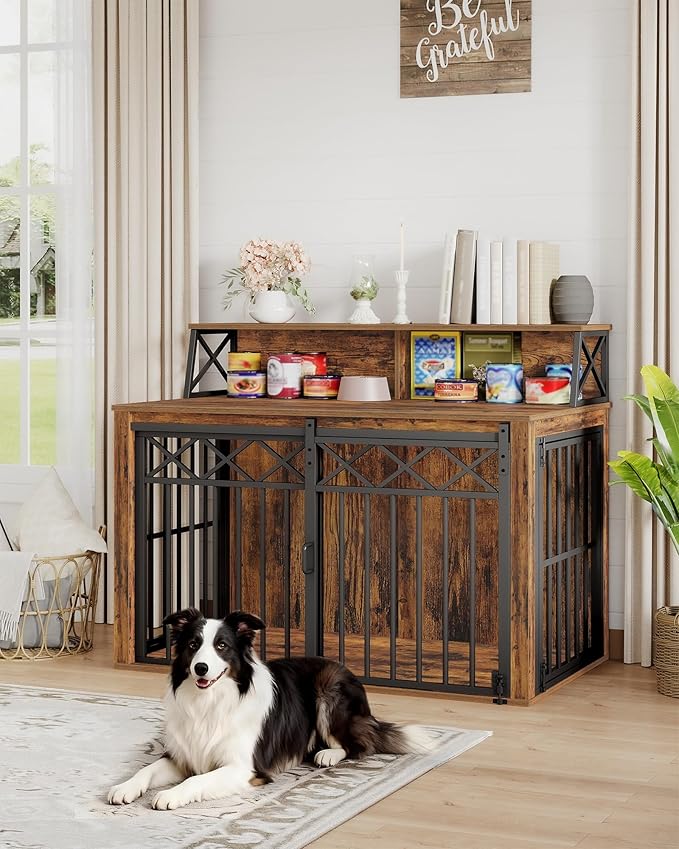 39.4'' Dog Crate Furniture, Large Wooden Dog Crate with Storage and 3 Doors, Indoor Kennel for Medium/Large Dogs, End Table with Barn Door, Chew-Proof and Escape-Proof, Rustic Brown DFC87401B