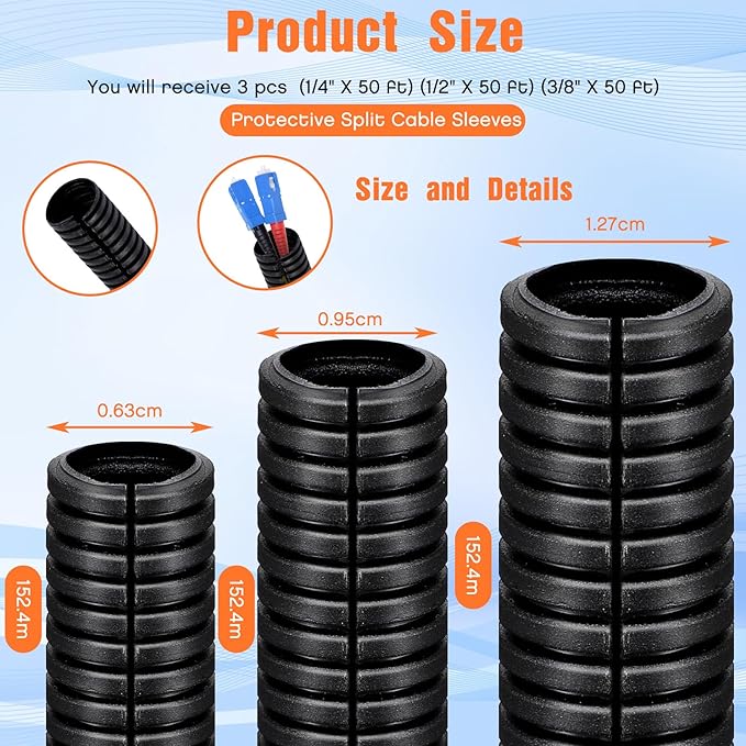 Sasylvia 1/4", 1/2", 3/8" x 50 Ft Split Wire Loom Tubing Wire Loom Assortment Split Cable Sleeves Bulk Flexible Electrical Conduit Protective kit