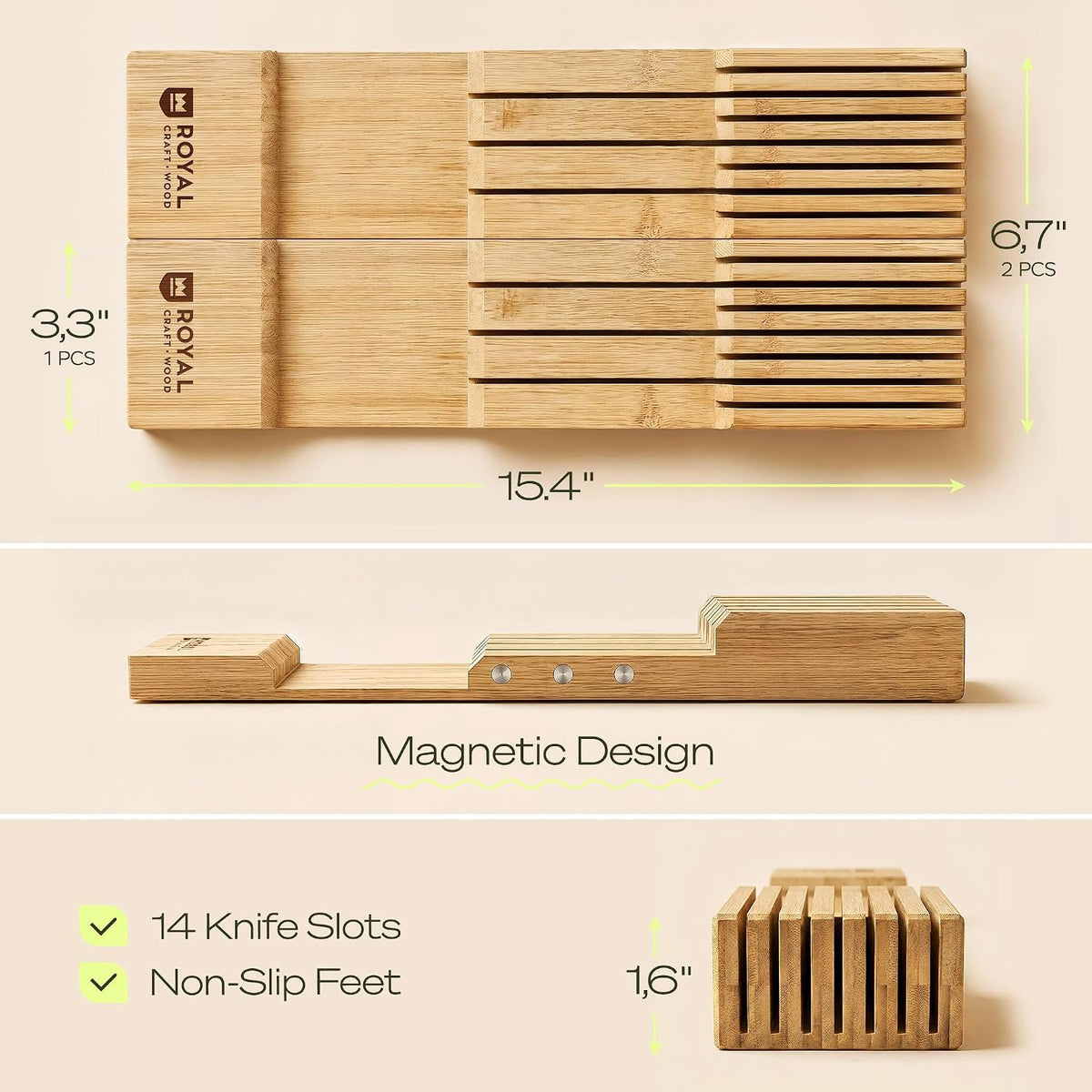 Knife Drawer Organizer - Bamboo In-Drawer Knife Block for 14 Knives – Premium Drawer Knife Organizer Insert, Kitchen Knife Holder for Safe Knife Storage, Compact Kitchen Organization & Drawer Storage