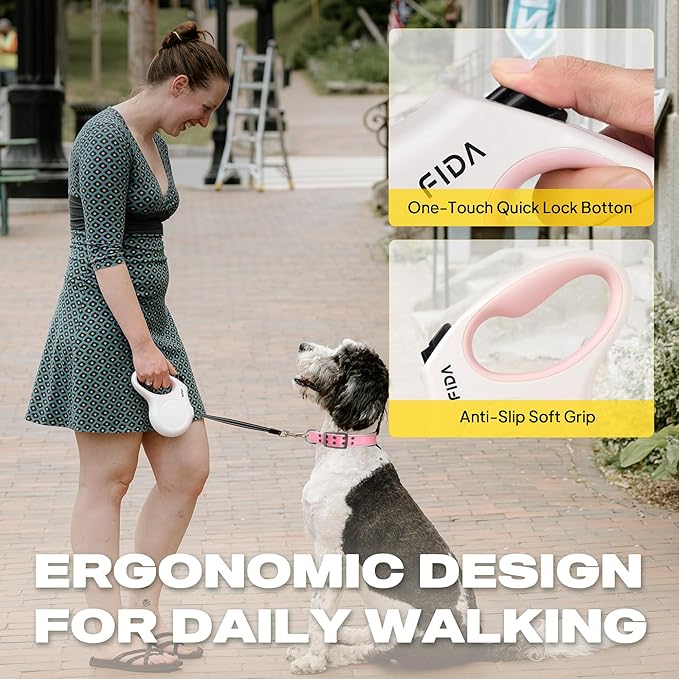Fida Retractable Dog Leash, 16 ft Dog Walking Leash for Small Dogs up to 26lbs, Tangle Free, White