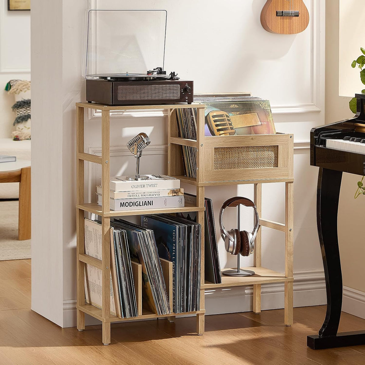 LELELINKY Record Player Stand, Natural Oak Wood Record Holder with Vinyl Storage Holds up to 300+ Albums, 3-Tier Rattan Media Table with Vinyl Display Shelf, Record Storage Cabinet for Living Room
