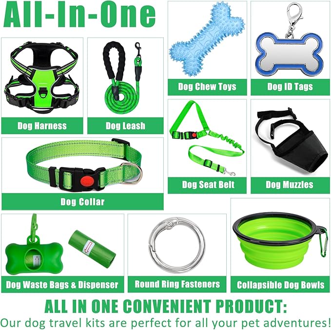 No Pull Dog Harness Adjustable Collar & Leash Set - Dog Halter Harnesses Collapsible Bowls & Poop Bag Dispenser Muzzle ID Tags Toys Fits Small Medium Large Dogs (Green-L)