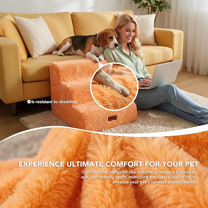PETNOVO Ultra-Soft Rabbit Fur-Like Dog Stairs for Couch/Bed, Luxury Comfort 3-Step for Small & Senior Dogs, Non-Slip, Removable Washable Cover, Oeko-TEX Certified, 22.4" D x 15.7" W x 15.7" H, Orange