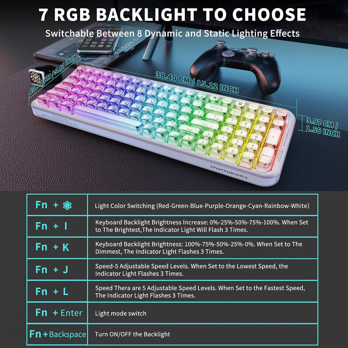 FOPETT Wireless Computer Keyboard with RGB Backlit, Tri-Mode Bluetooth 5.0/USB-C/2.4GHz Ergonomic Gaming Keyboard - Full-Size Rechargeable Transparent Keycap for Laptop/Windows/PC - White