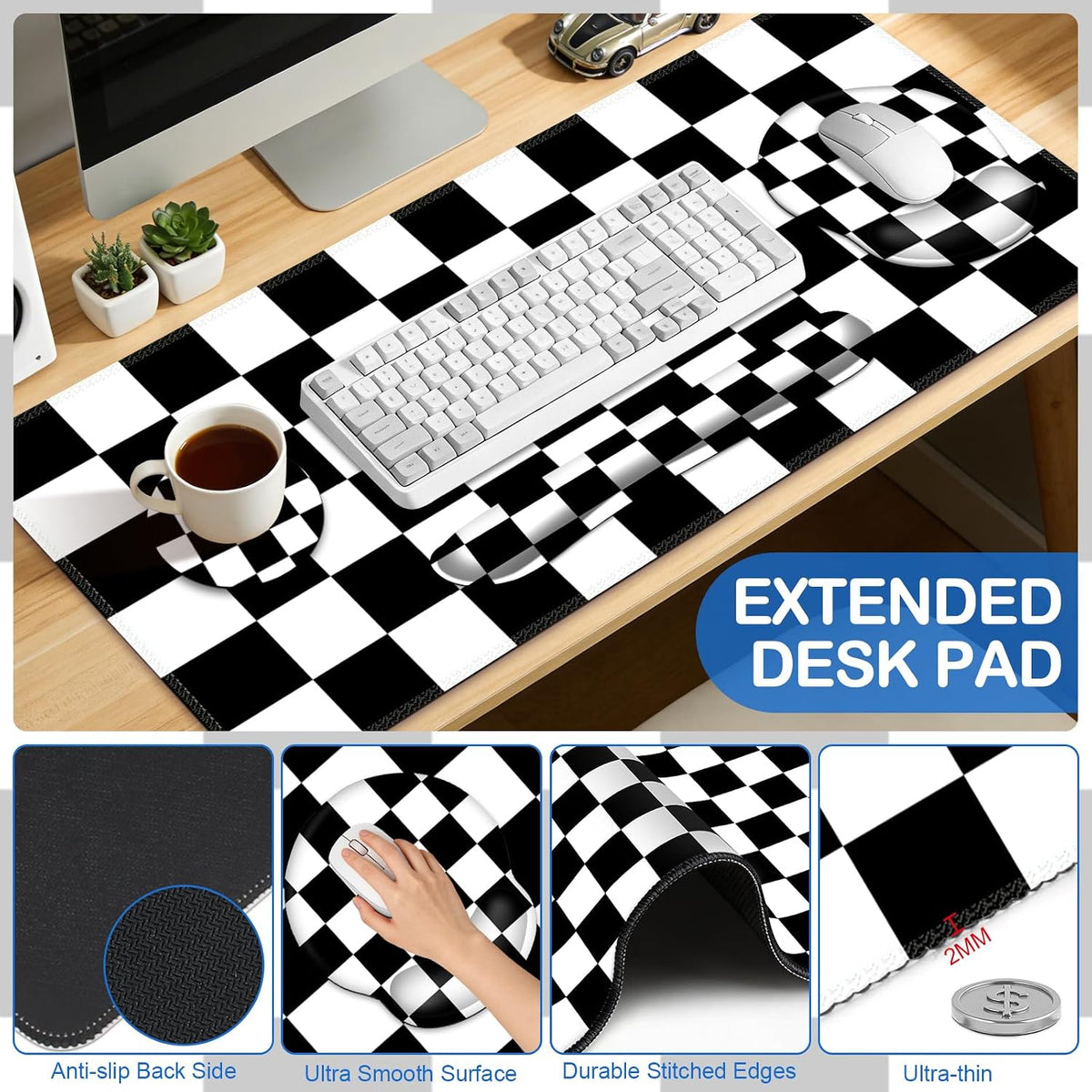 AIMSA Checkered Keyboard Mouse Pad Wrist Rest Set, Black XXL Large Mouse Pad for Desk Cover, Anti-Slip Big Ergonomic Mousepad Wrist Support for Keyboard and Mouse