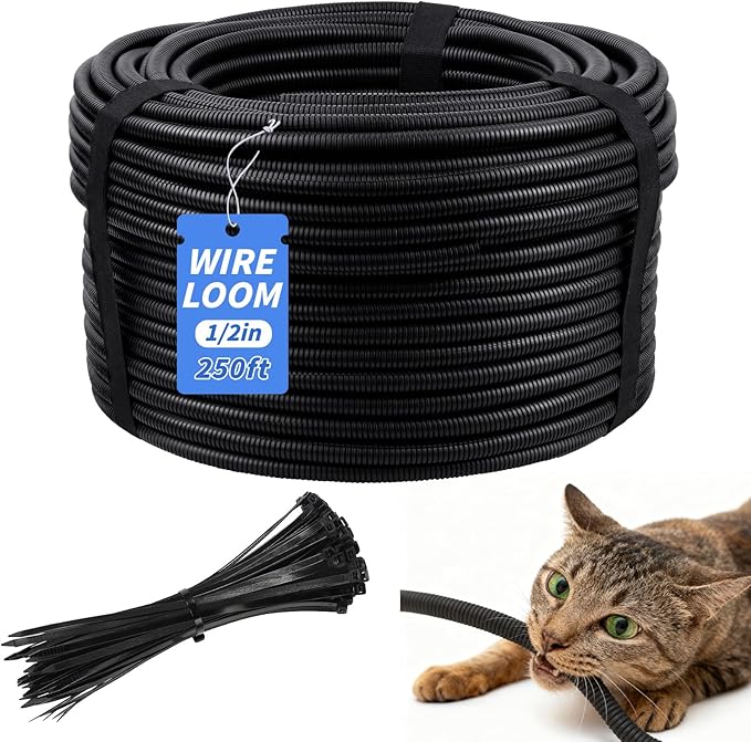 250FT Split Wire Loom Tubing, 1/2 Inch Wire Protector Tubing, Automotive Wire Flexible Conduit Cord Covers with 20 Cable Ties for Automotive Marine RV Agriculture Electrical Cable Protection