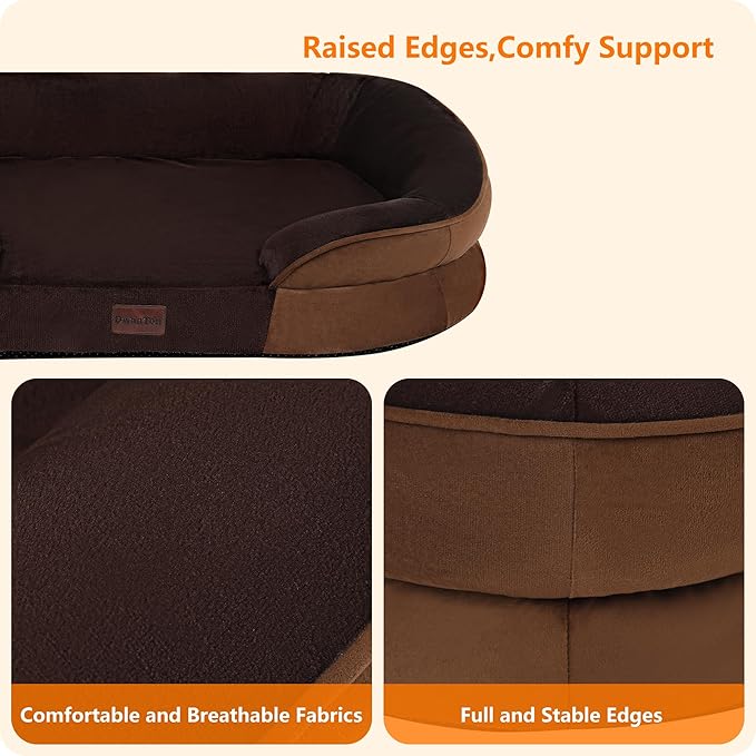 Dwanton Orthopedic Dog Bed for Medium Dogs with Gel Memory Foam, Waterproof Dog Sofa, Washable Pet Bed with Four Sided Bolster Cushion, Removable Cover & Non-Slip Bottom, 35", Brown
