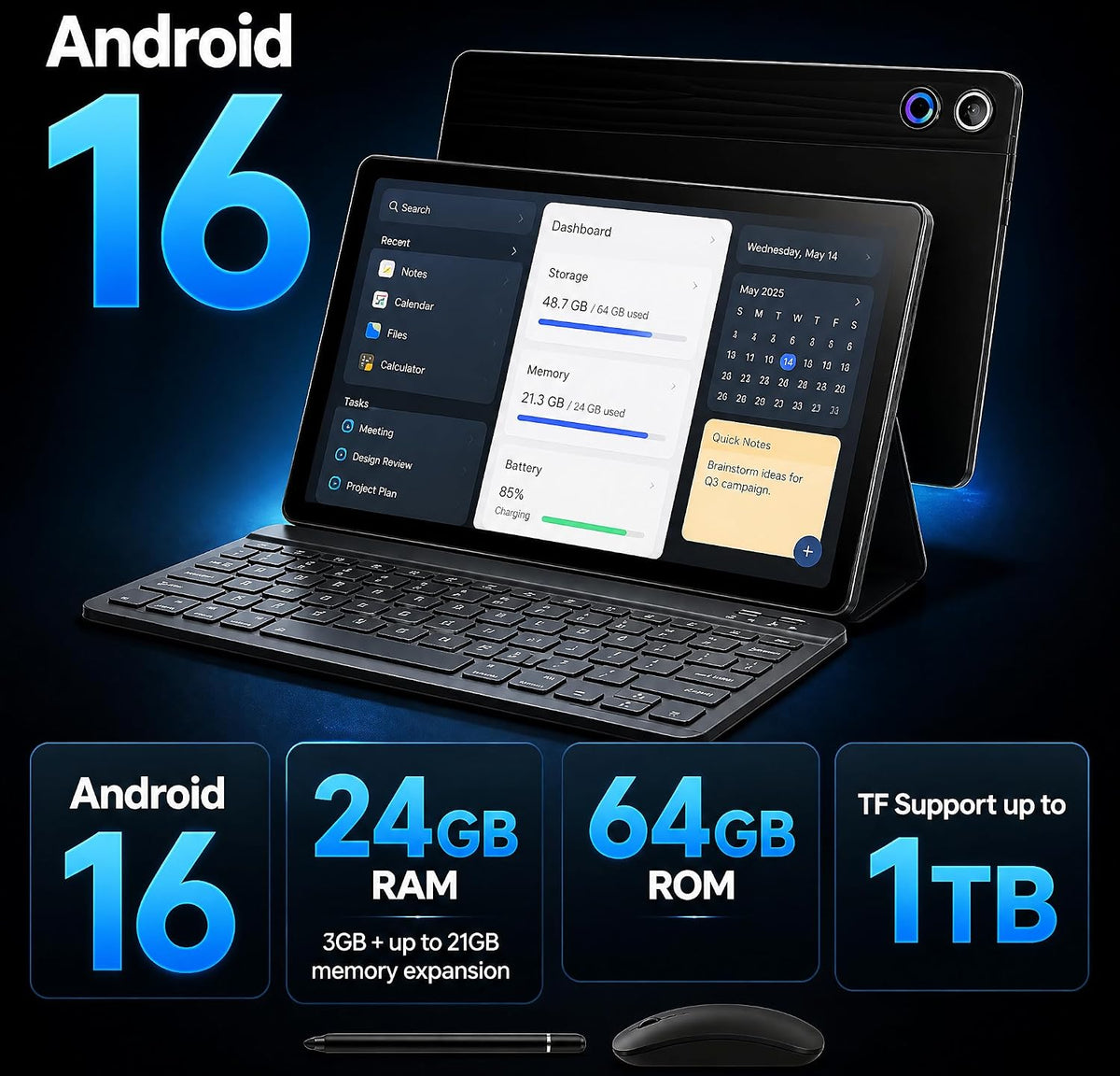 Jeazans Android 16 Tablet 10.1 Inch, 2-in-1 Tablet Bundle with Keyboard, Wireless Mouse, Stylus, Leather Case, Dual Camera, 64GB Storage+4TB Expansion, Portable Laptop for Students & Business