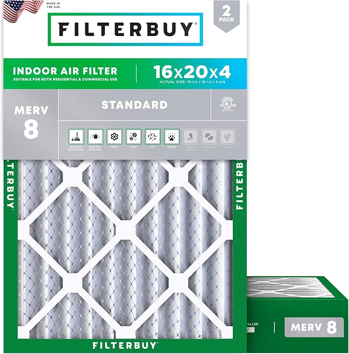 Filterbuy 16x20x4 Air Filter MERV 8 Essential Dust & Allergy Defense,