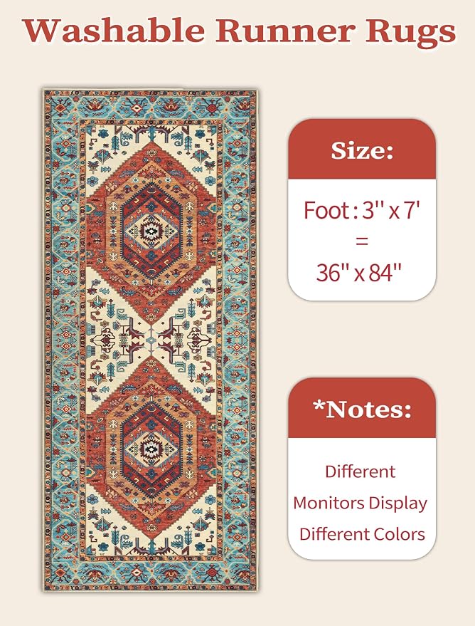 SERISSA Boho Kitchen Runner Rug, 3x7 Washable Non-Slip Runner Rug