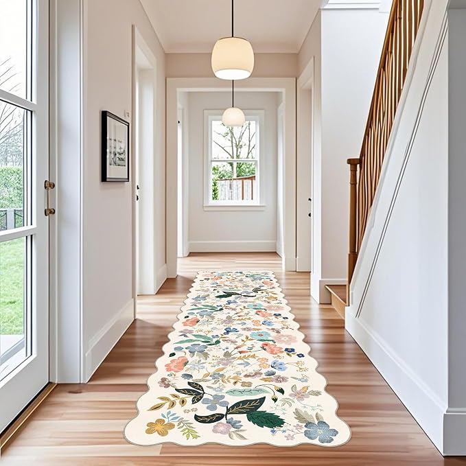 3x10 Washable Hallway Runner Rug: Long Floral Scalloped Soft Runners
