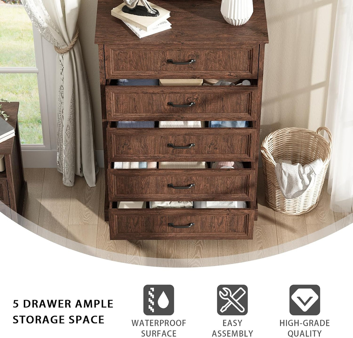 CARPETNAL Farmhouse 5 Drawer Dresser for Bedroom, 44" Tall Brown Dresser.