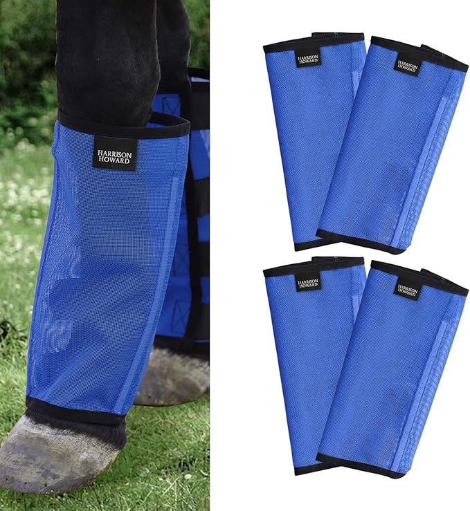 Harrison Howard Loose-Fitting Horse Fly Leggings Breathable, Tear-Resistant Fine Mesh Leg Guards Stay-on Comfortable Fly Boots (Set of 4) Blue Yearling