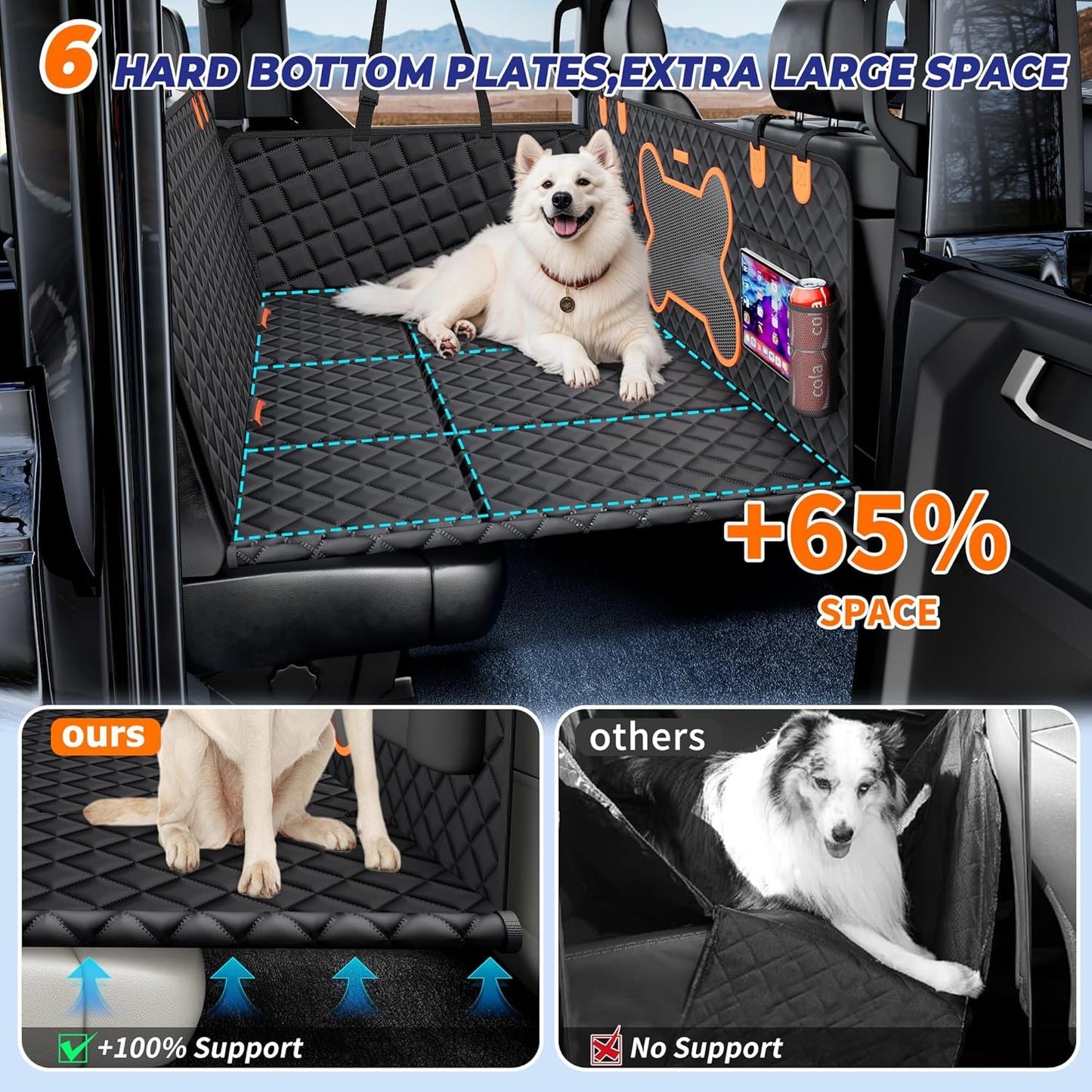 Dog Back Seat Extender for Truck, Hard Bottom Dog Car Seat Cover-Strong Support Waterproof Scratch-Proof Pet Hammock for Full Size F150/RAM1500/Silverado Crew Cab Pickup, Black