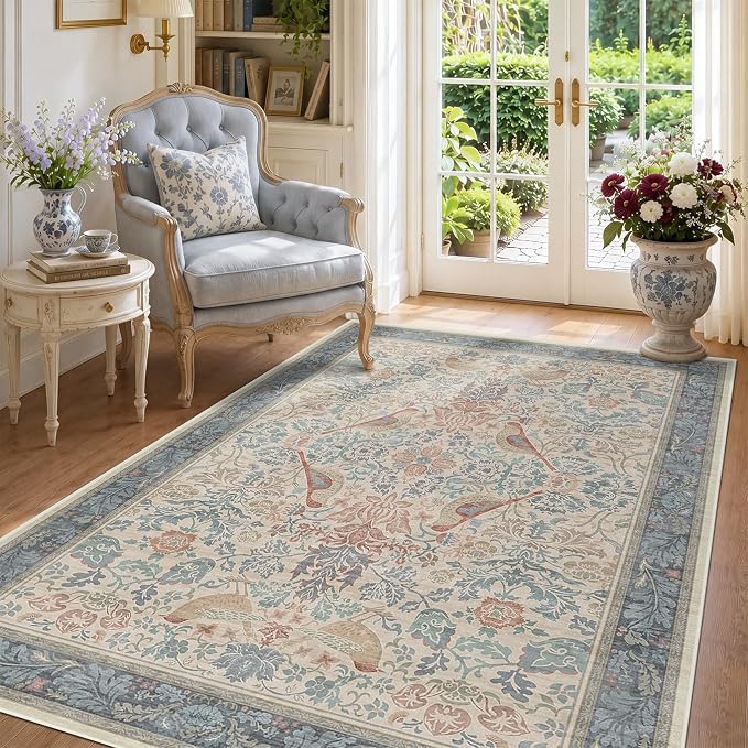 Boho Floral Bird Pattern 4x6 Large Mudroom Rug
