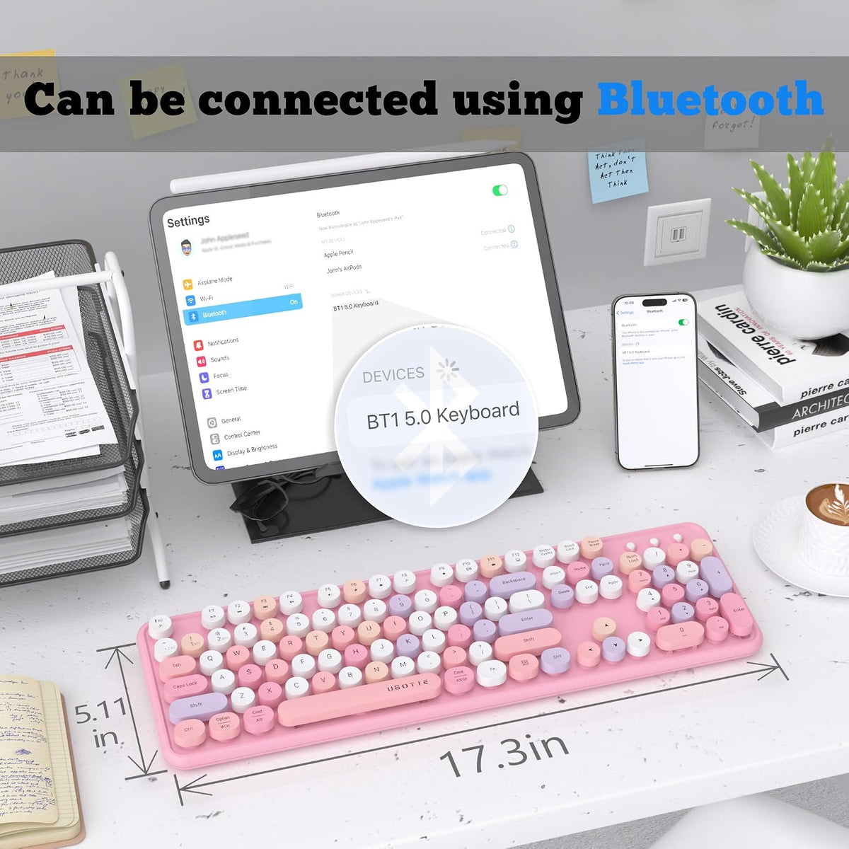 UBOTIE Colorful Wireless Bluetooth Keyboard, Dual Mode (Pink Colorful)