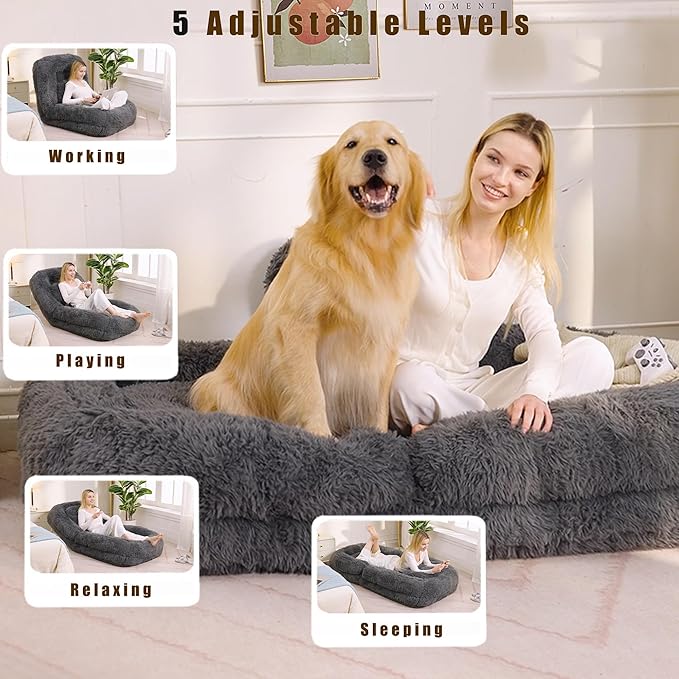 Adjustable 5-Position Human Dog Bed for People, Big Comfy Plush Floor Gaming Lazy Sofa Chair with Pillows & Back Support, Foldable Lounge Loveseat Couch for Living Room Bedroom (Dark Gray)
