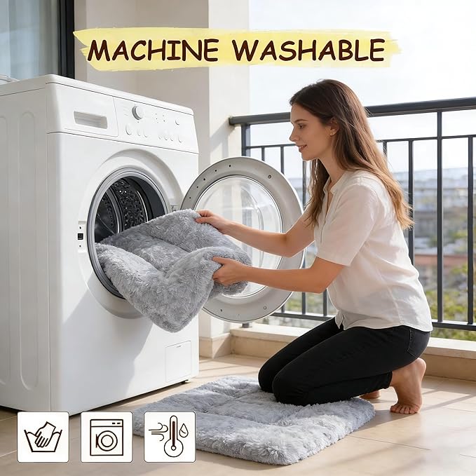 Washable Dog Bed for Small to Large Dogs, Calming Anti Anxiety Medium Dog Bed, Deluxe Plush Faux Fur Crate Beds, Comfy Fluffy Kennel Pad Pet Sleeping Mat with Non-Slip Bottom, 36"x27", Gray
