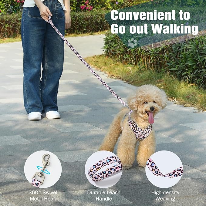 Pawaboo Small Dog Harness and Leash Set, Puppy Harness X-Frame No Pull No Choke, Dog Vest Harnesses Adjustable for Small Medium Sized Dogs,Soft Breathable Pet Harnesses for Walking, M, Pink Leopard