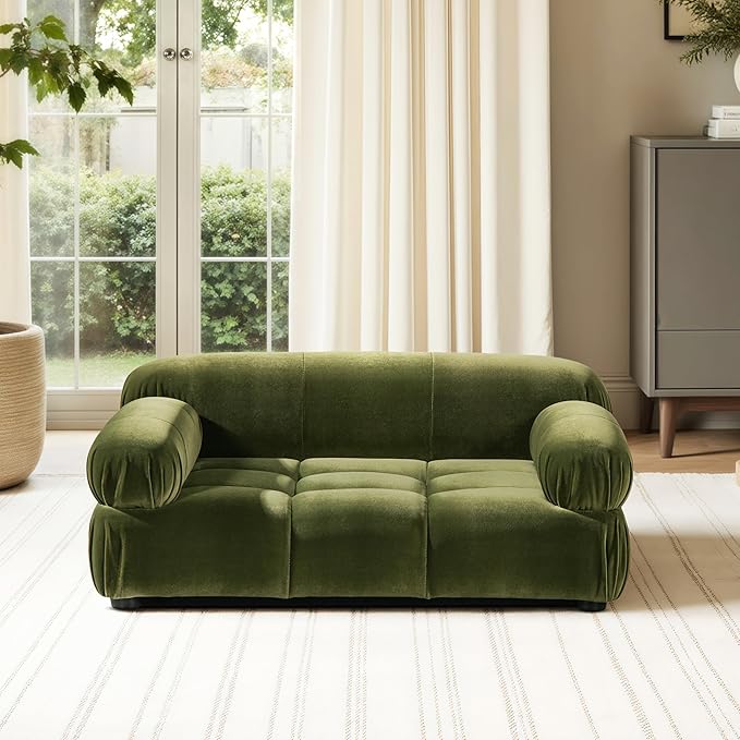 Marcel Upholstered Modern Pet Bed for Small & Medium Dogs and Cats, Sofa-Style Dog Bed with Bolstered Arms, Tufted Cushion, Water & Stain Resistant Velvet (Olive Green)