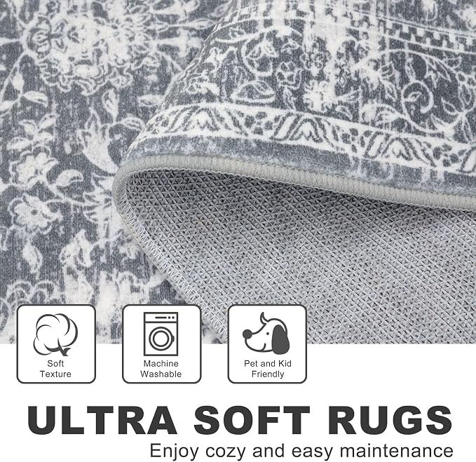 KILOCOCO Area Rug 3x5 Entryway Rug Washable Printed Vintage Floral Rubber