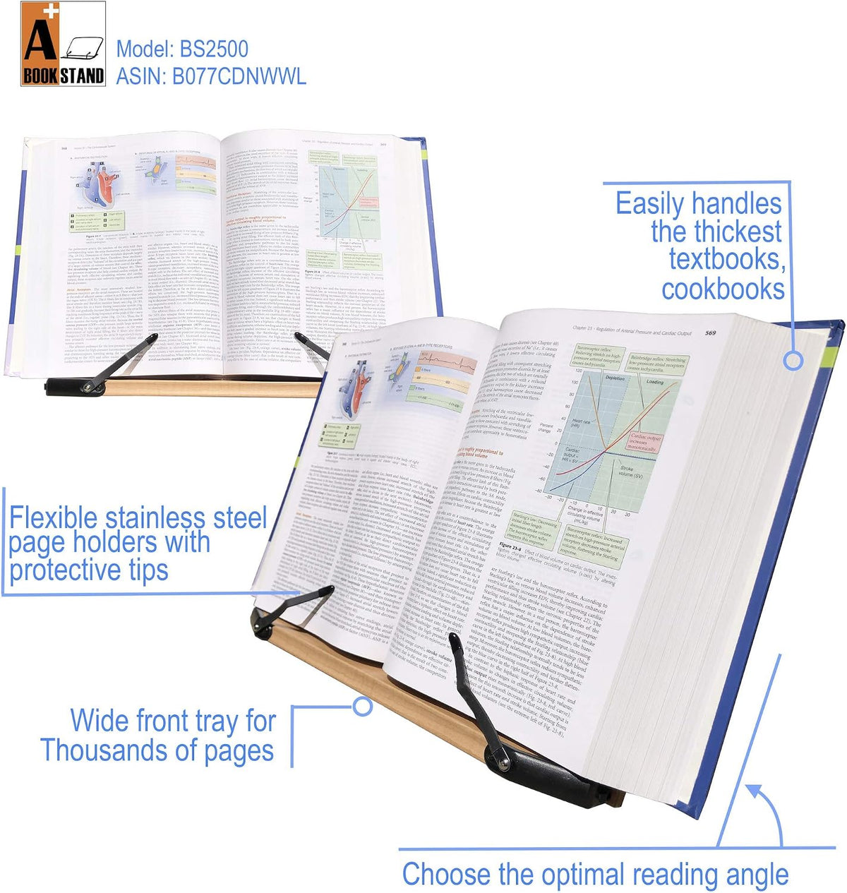 BS2500 Large 16x10.5 Portable Adjustable Foldable Bookstand Holder for Reading Hands Free Large Thick Heavy Textbooks Cookbooks Tablets