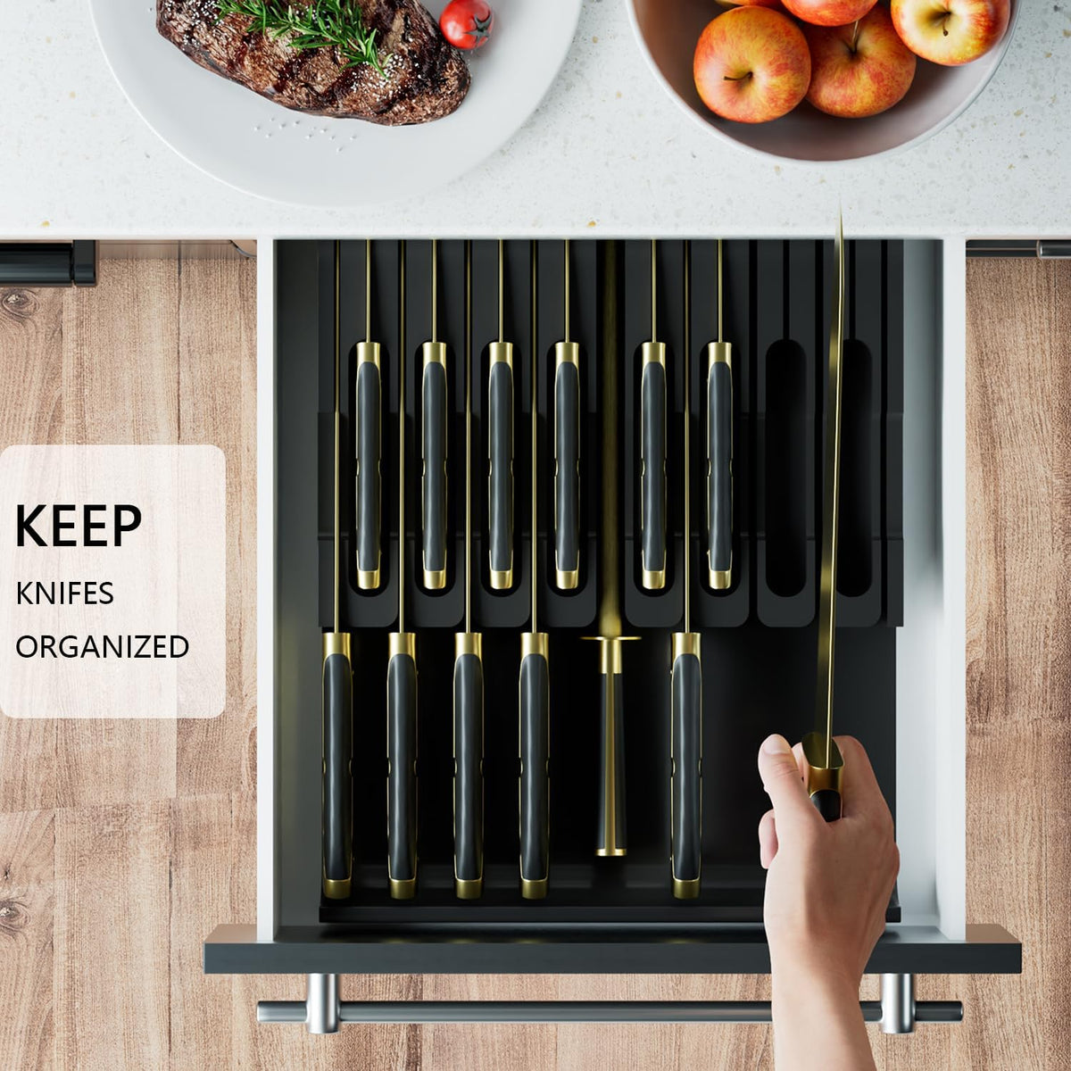 Domax Bamboo In-drawer Knife Block - Kitchen Knife Drawer Organizer Insert, Knife Holder without Knives Large, Drawer Knife Organizer Fits for 16 knives and 1 Sharpening Steel (Not Included), Black