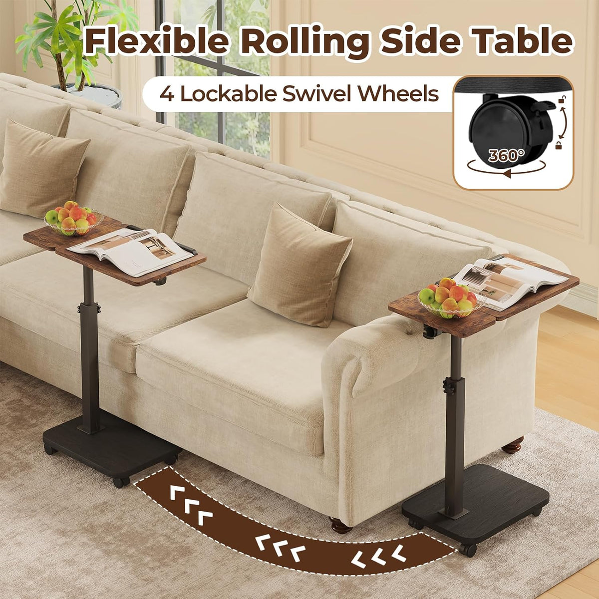 BROTTAR Rolling TV Tray Table with Wheels, Adjustable C Table, Rustic Brown