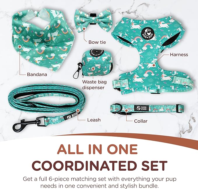 No Pull Harness and Leash Set - 6-in-1 Adjustable Vest Harness and Collars for Medium and Large Dogs. (Tile Unicorn, Medium)