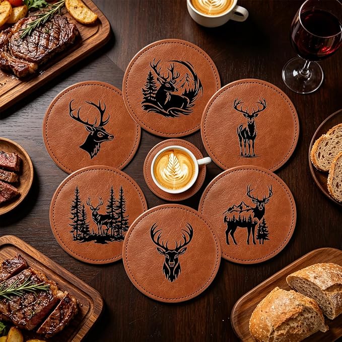 6 Packs Stag Pattern Leather Coaster