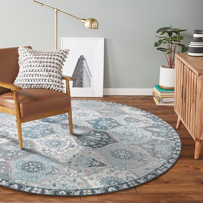 Lahome Moroccan Trellis Round Rug, Faux Wool, Machine Wash, Non-Slip Backing