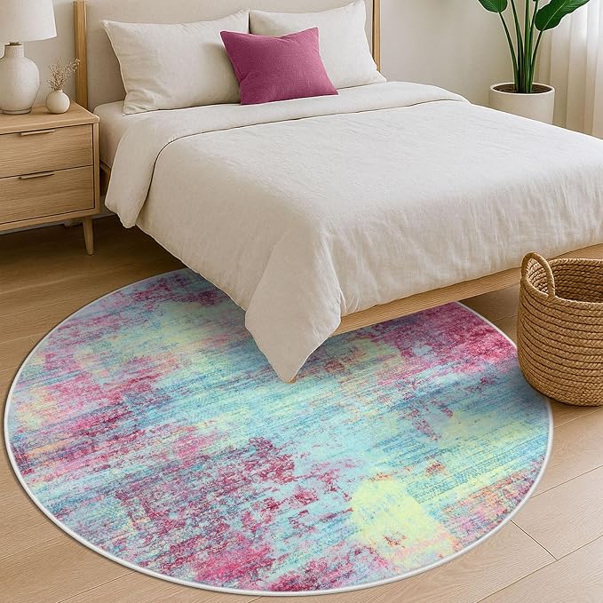 IOHOUZE Abstract Round Area Rug 6 Ft Washable Circle Rugs Large Round Rug Non