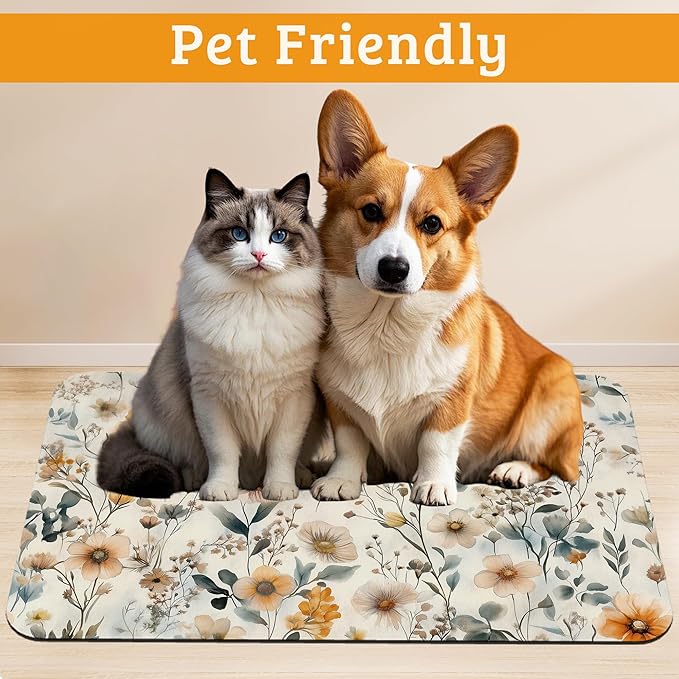 Vintage Flowers Dog Cat Food Mat,Herbs Absorbent Waterproof Placemat for Food and Water Non Slip Rubber Backing Durable Feeding Pad for Clean Floors 12" x 20"
