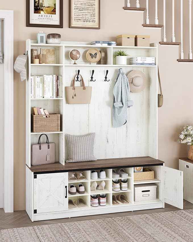 59.8" Hall Tree, LED Farmhouse Entryway Storage and Coat Rack Wood, Entryway