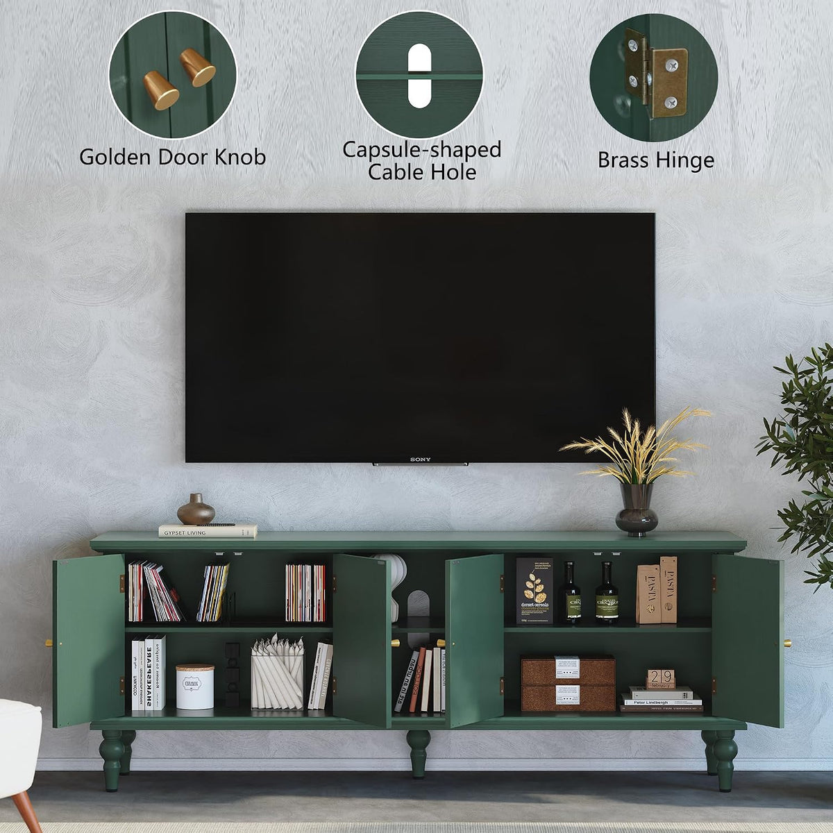 3More 67" Mid Century Modern TV Stand with Window Design, Green