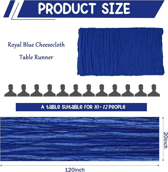 10 Pack Royal Blue Cheesecloth Table Runner 10FT Boho Gauze Fabric Table Runner